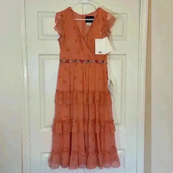 Mac Duggal Floral Print Ruffle Tiered Faux Wrap Dress NWT Size 8 - Picture 4 of 7